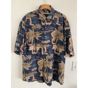 SUMMA‎ Aloha Hawaiian Shirt Blue Floral Palm Tree Canoe Men's Large Silk Blend